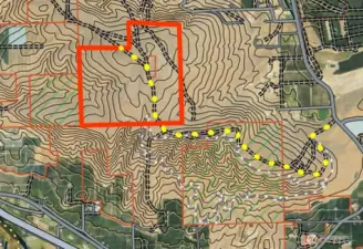 Approximate boundaries in red with access route in yellow dots.