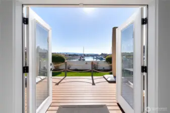 View from primary bed through French doors