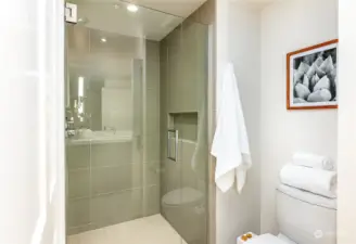 Walk-in shower located in the main bathroom