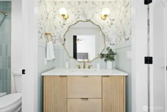 en suite second bath - beautiful design elements ... from the papered walls to the stylish and bath tiles!