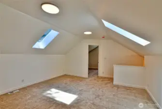 Large upstairs family room with vaulted ceilings and skylights