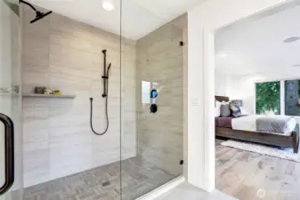 Primary bathroom shower with dual shower heads!