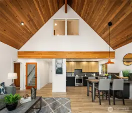 Gorgeous cedar ceiling perfectly balances the space.  Stunning wood beam