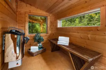 Unwind in the electric dry sauna and enjoy the mountain views