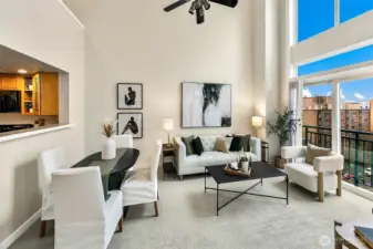 Open floorplan with walls of windows that frame the city and Elliott Bay views
