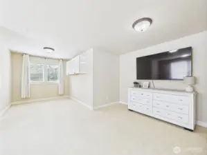 upstairs entertainment room wired for projector and surround sound