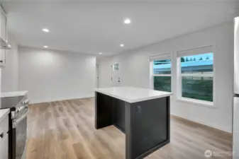 Large island with seating on both sides.