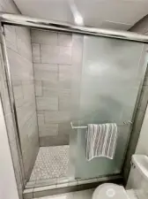 Close up of beautiful, tile shower.