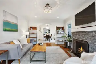 Light-filled, south facing living room - open to formal dining room.
