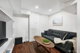 Cozy media/play/flex space in lower level. There is also a 1/2 bath and washer/dryer in lower level.