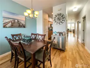 Continuous hardwood floors open up the space