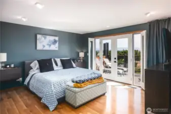 Primary bedroom with custom paint, wood floors and walk out to deck with views of the mountains and farmlands.