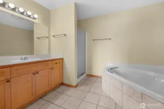 Generously sized bath off primary suite with soaking tub