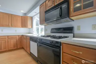View of the solid kitchen countertops and ample cabinetry