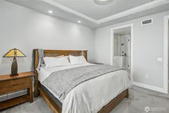 Spacious primary bedroom with refined finishes and a calm, understated design.