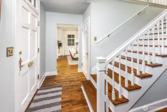 Gracious stairway to three top floor bedrooms and 2 full bathrooms.  New interior paint throughout the home.