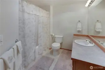 The hallway bathroom has a combo shower/bathtub and is conveniently located by the two guest bedrooms.