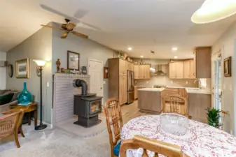 The wood burning stove adds comfortable warmth.