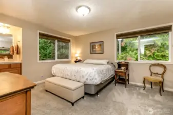 The primary bedroom has large windows to help you soak up the serenity of the outdoors.