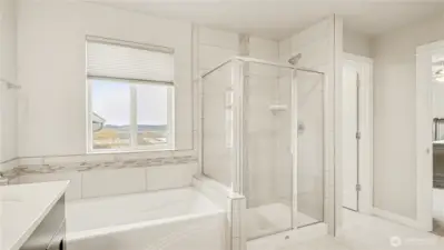 Features both a soaking tub and a standalone shower for ultimate comfort.