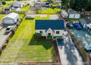 Drone footage- from North. Red lines are for reference only.