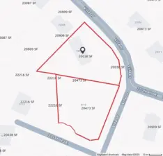 Aerial map of both parcels being sold in this listing. Northern parcel is 22012 with home.