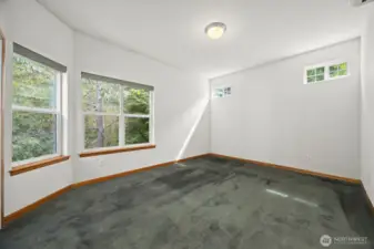 The primary suite is very spacious with lots of natural sunlight.