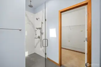 The spacious walk-in closet is next to the roll-in shower.