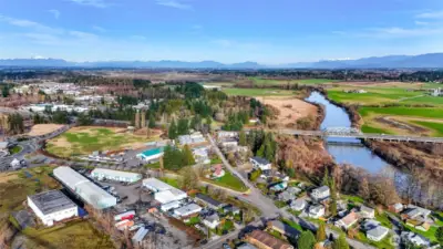 Birds eye view of Eaton Ave (lower center), Portal Way area and I-5 access