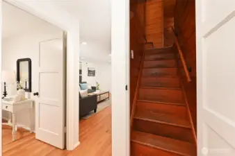 Classic "Lovell" built home with stairs to knotty pine upstairs bedroom.