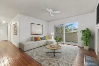 Livingroom with attached spacious Deck (digially Staged)