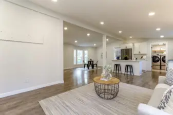 Family room facing kitchen & dining room.
