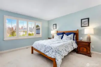 Primary bedroom with plantation shutters.