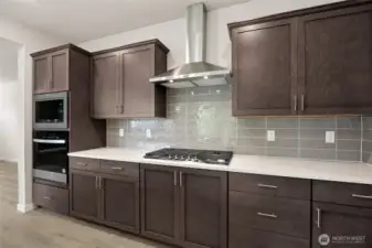 Photo is representational. Actual home is under construction and finishes and paint colors may vary. See site agent for details. Kitchen with quartz countertops, stainless steel appliances, and gas cooktop with gourmet hood vent.