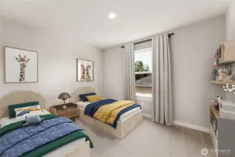 Guest bedroom that doubles as a home office space. Photo of actual home with virtual staging.