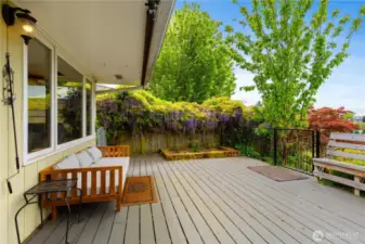 Another view of this large front trext deck surrounded by beautiful landscaping with stunning water mountain and city views to enjoy year around