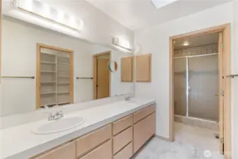 Primary dual sinks and low clearance shower beyond.