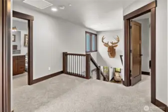 Landing area upstairs leading to 3 rooms.