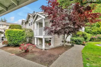 Well-landscaped side entrance