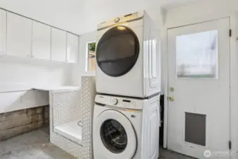 Washer and dryer tucked conveniently in the garage. Dog wash station to boot!