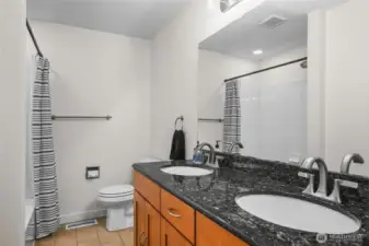 Hall Bath with fresh paint and double sink vanity