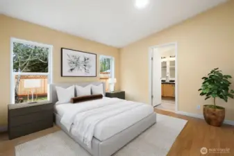 Photo contains virtual staging. Large Master BR with w 5-piece on suite bath and walk in closet.