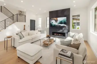 Linear gas fireplace keeps the space cozy