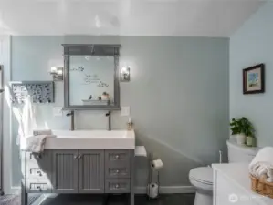 Stunning primary bathroom! Calm and refreshing color palette.