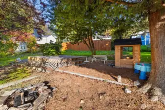 Backyard view with mature landscaping and room to play or garden.
