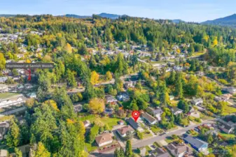 Scenic aerial showcasing the home nestled in a mature, established area.