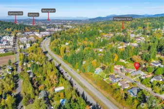 Drone view showing convenient access to main roads and nearby shopping.