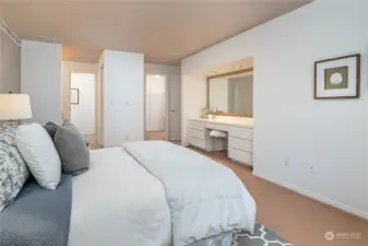 HUGE primary suite on second floor includes vanity, dual-sink full bath with jetted tub / shower and a big walk-in closet. Also includes remote blackout shades.