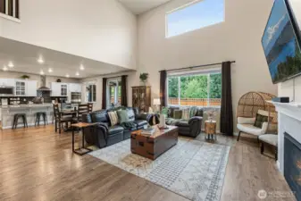 Great room concept w/access to back patio, all curtains, rods & window treatments convey.
