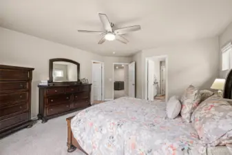 Primary suite w/large walk in closet, ceiling fan & 5-piece bath.